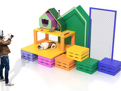 Colorful Photo Check-in Spot Featuring House Shaped Structure Playful Dog And Vibrant Blocks 3d model