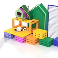 Colorful Photo Check-in Spot Featuring House Shaped Structure Playful Dog And Vibrant Blocks
