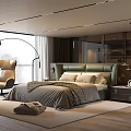 Stylish Modern Bedroom With Green Headboard Beige Bedding Floor Lamp And Large Window