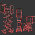 Three Colored Mobile Scissor Lift Platforms With Guardrails And Wheels