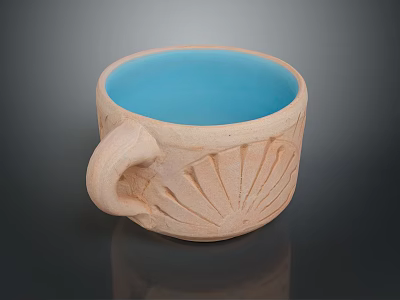 Rustic Ceramic Mug With Blue Interior And Radial Carved Pattern 3d model