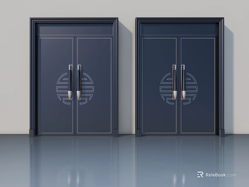Deep Blue Double Swing Doors With Circular Chinese Pattern And Metal Handles 3d model