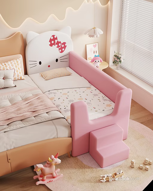 Cute Hello Kitty Shaped Kids Bed with Pink Beige Frame Staircase Steps and Soft Bedding 3d model 