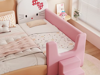 Cute Hello Kitty Shaped Kids Bed with Pink Beige Frame Staircase Steps and Soft Bedding 3d model