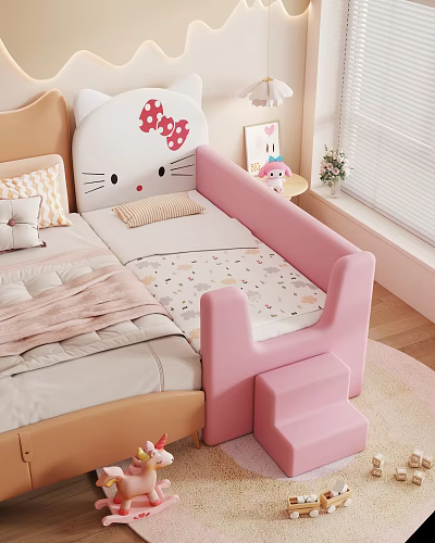 Cute Hello Kitty Shaped Kids Bed with Pink Beige Frame Staircase Steps and Soft Bedding 3d model