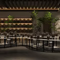 Restaurant Interior Design With Wooden Ceiling Round Tables Green Plants Natural Light And Shelves