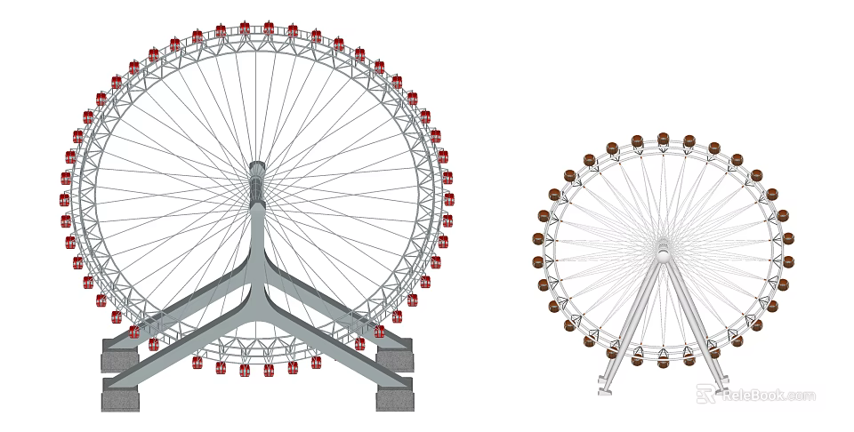 Outdoor Amusement Equipment Featuring Large Small Ferris Wheels Red Brown Cabins 3d model 