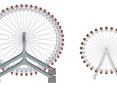 Outdoor Amusement Equipment Featuring Large Small Ferris Wheels Red Brown Cabins 3d model