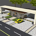 Modern Entrance Gate Design With Canopy Yellow Car Pedestrian And Green Trees