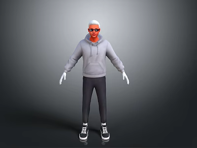 Man in Gray Hoodie Black Pants and Black White Sneakers with Glasses on Gray Background 3d model