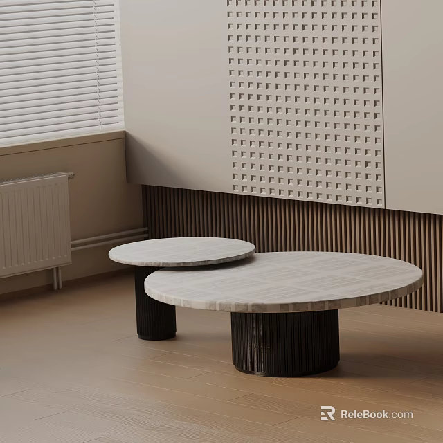 Modern Sofa Coffee Table Set Featuring Round Marble Top Black Base And Perforated Wall Panel 3d model