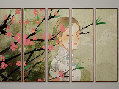 Elegant Traditional Screen Painting Featuring Qipao Woman Pink Flowers And Branches 3d model
