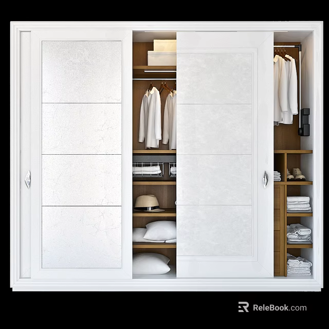 White Sliding Door Wardrobe Interior With Hanging Shirts Folded Clothes Hat And Shoes 3d model 
