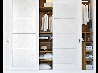 White Sliding Door Wardrobe Interior With Hanging Shirts Folded Clothes Hat And Shoes 3d model