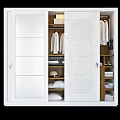 White Sliding Door Wardrobe Interior With Hanging Shirts Folded Clothes Hat And Shoes