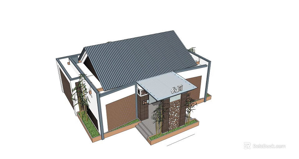 Traditional Chinese Style House With Gray Tiled Roof White Walls Wooden Entrance And Plants 3d model 