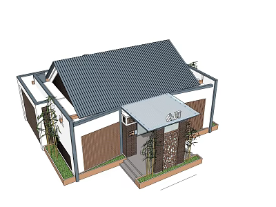 Traditional Chinese Style House With Gray Tiled Roof White Walls Wooden Entrance And Plants 3d model