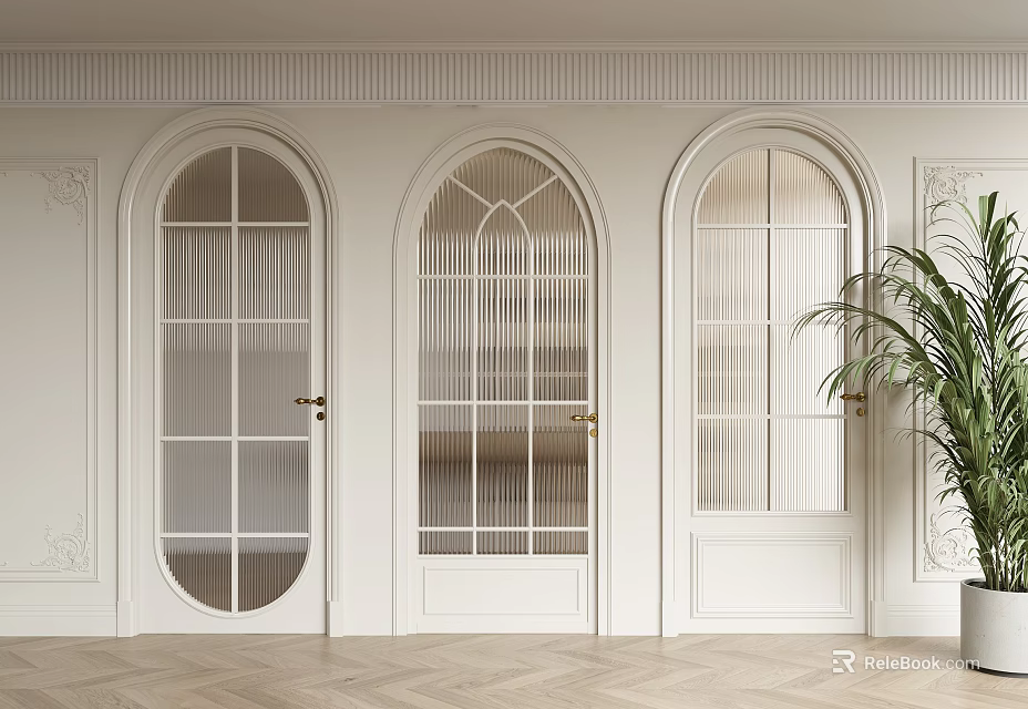 Arched White Hinged Doors With Glass Panes In Elegant Interior Decorative Walls And Herringbone Floor 3d model 