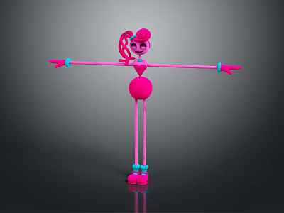 Pink Cartoon Game Character With Long Arms Legs Ponytail Bow And Blue Shoes 3d model