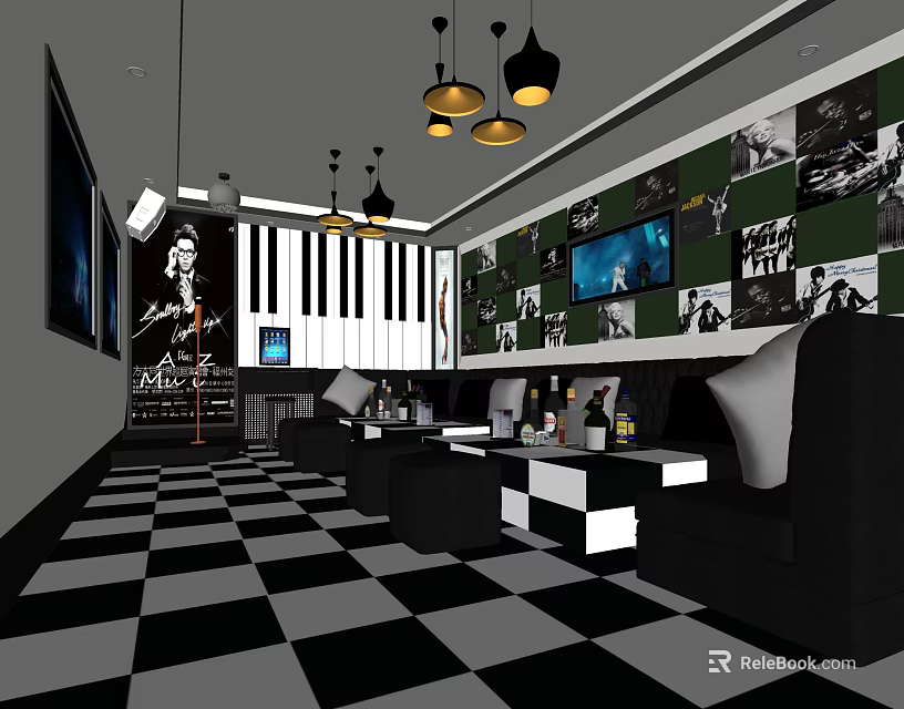 KTV Room Interior With Checkerboard Floor Photo Wall Piano Keyboard Design TV And Pendant Lights 3d model 