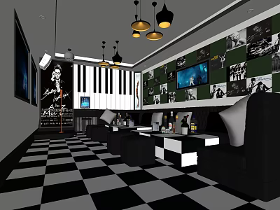 KTV Room Interior With Checkerboard Floor Photo Wall Piano Keyboard Design TV And Pendant Lights 3d model