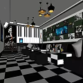 KTV Room Interior With Checkerboard Floor Photo Wall Piano Keyboard Design TV And Pendant Lights