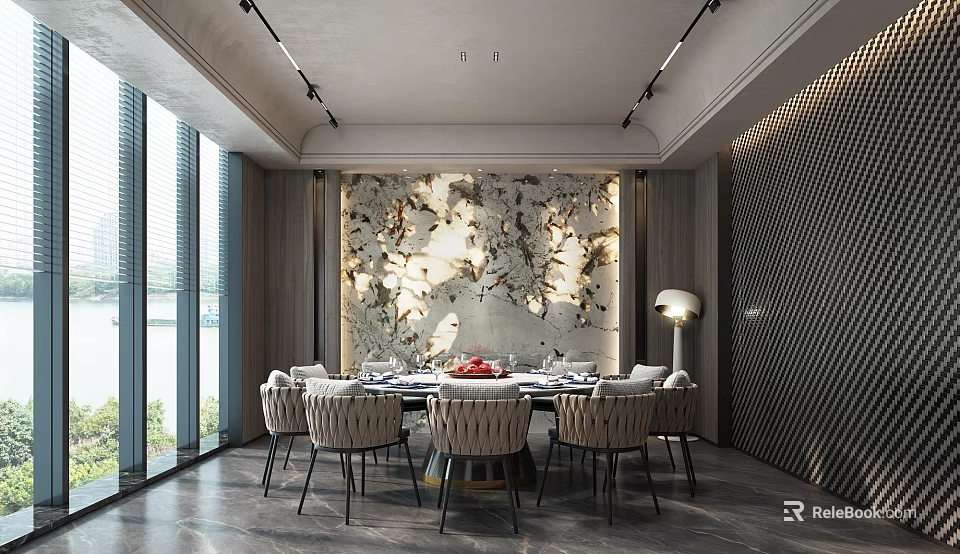 Modern Luxury Private Dining Booth With Marble Wall Round Table Chairs And Floor Lamp 3d model 
