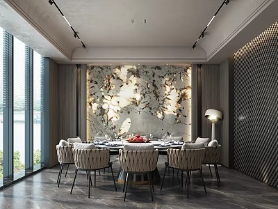 Modern Luxury Private Dining Booth With Marble Wall Round Table Chairs And Floor Lamp 3d model