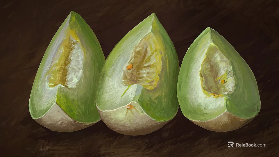 Fresh Ripe Green Melon Three Sliced Halves With Juicy Flesh And Seeds 3d model 