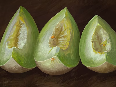 Fresh Ripe Green Melon Three Sliced Halves With Juicy Flesh And Seeds 3d model