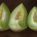 Fresh Ripe Green Melon Three Sliced Halves With Juicy Flesh And Seeds