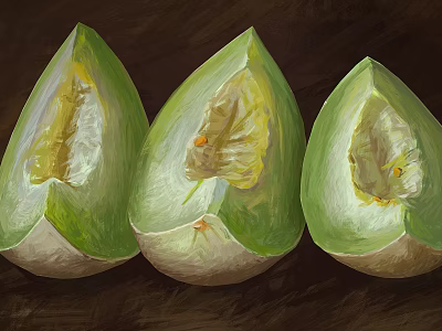 Fresh Ripe Green Melon Three Sliced Halves With Juicy Flesh And Seeds 3d model