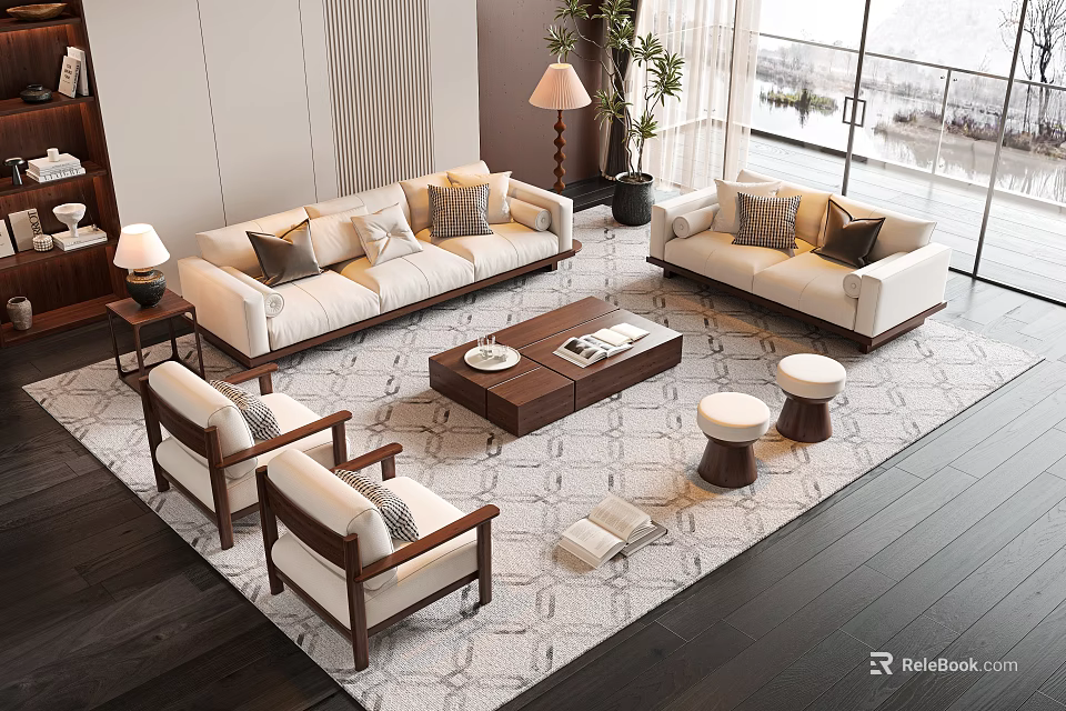 Modern Living Room Sofa And Coffee Table Set With Pillows And Area Rug 3d model 