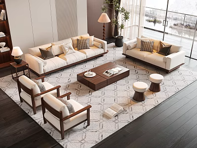 Modern Living Room Sofa And Coffee Table Set With Pillows And Area Rug 3d model