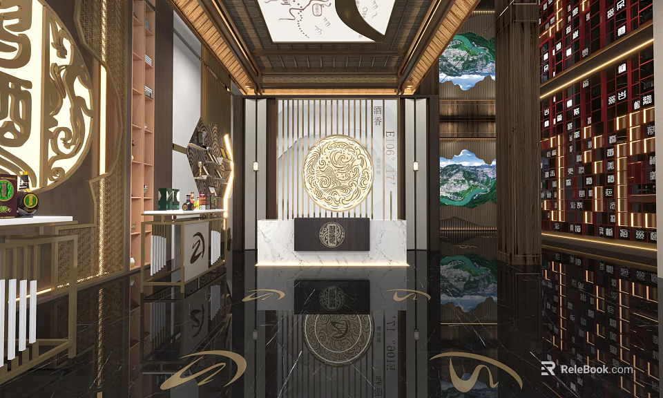 Chinese Style Lobby Interior With Wooden Elements Marble Counter And Decorative Patterns 3d model