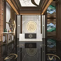 Chinese Style Lobby Interior With Wooden Elements Marble Counter And Decorative Patterns 3d model