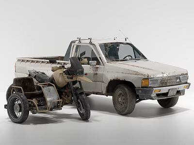 White Rusty Pickup Truck With Sidecar Motorcycle Roof Rack And Open Truck Bed 3d model