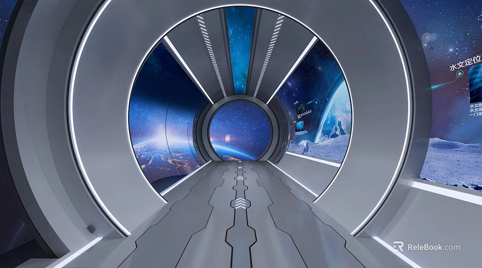 Futuristic Exhibition Hall With Circular Design Starry Sky Background Metallic Walkway And Planet View 3d model 