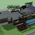 Modern Detached Villa With Swimming Pool Wooden Deck And Palm Tree Lounge Chairs