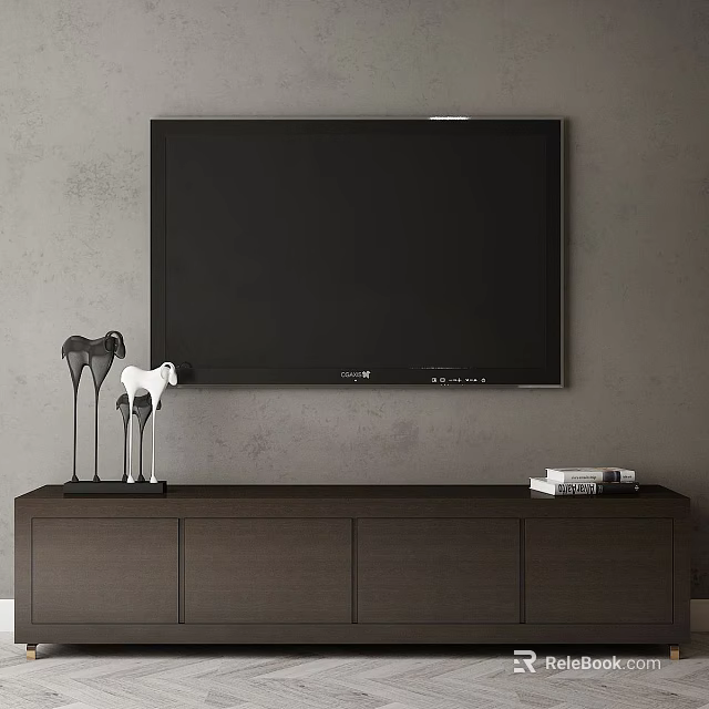 Modern Dark TV Storage Cabinet With Large Screen TV Animal Figurines And Books 3d model 