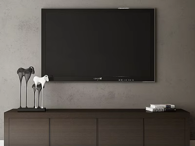 Modern Dark TV Storage Cabinet With Large Screen TV Animal Figurines And Books 3d model