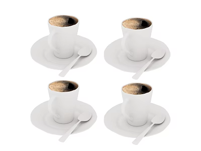 Four White Coffee Cups With Saucers And Spoons Filled With Hot Coffee 3d model