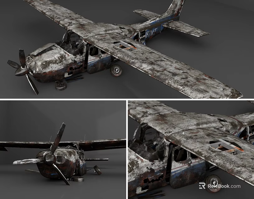 Abandoned Passenger Aircraft With Rusted Body Worn Propeller And Damaged Wings 3d model 