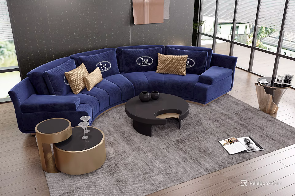 Blue Sectional Sofa With Gold Cushions Black Coffee Table And Side Tables On Gray Rug 3d model 