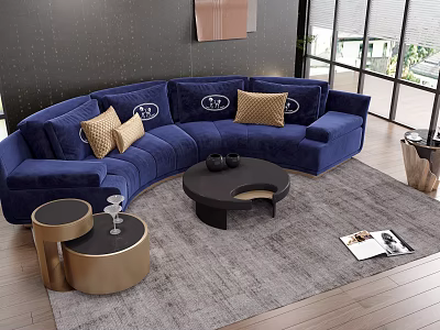 Blue Sectional Sofa With Gold Cushions Black Coffee Table And Side Tables On Gray Rug 3d model