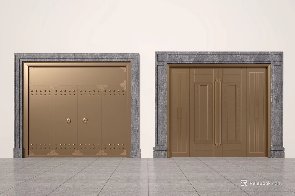 Two Different Design Gold And Brown Doors With Stone Frame On Tile Floor And Ornate Patterns 3d model 
