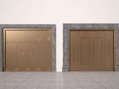 Two Different Design Gold And Brown Doors With Stone Frame On Tile Floor And Ornate Patterns 3d model