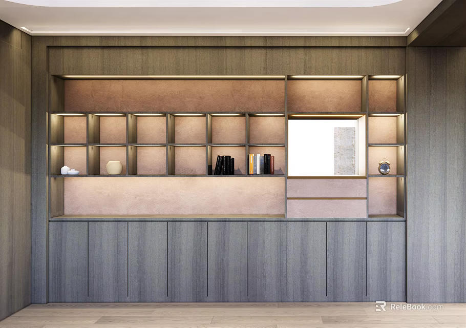 Modern Wooden Display Shelving with Multiple Compartments Countertop and Lighting for Showcasing Decor and Books 3d model 