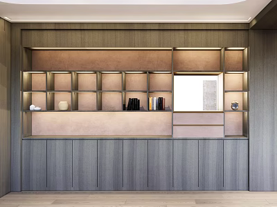 Modern Wooden Display Shelving with Multiple Compartments Countertop and Lighting for Showcasing Decor and Books 3d model
