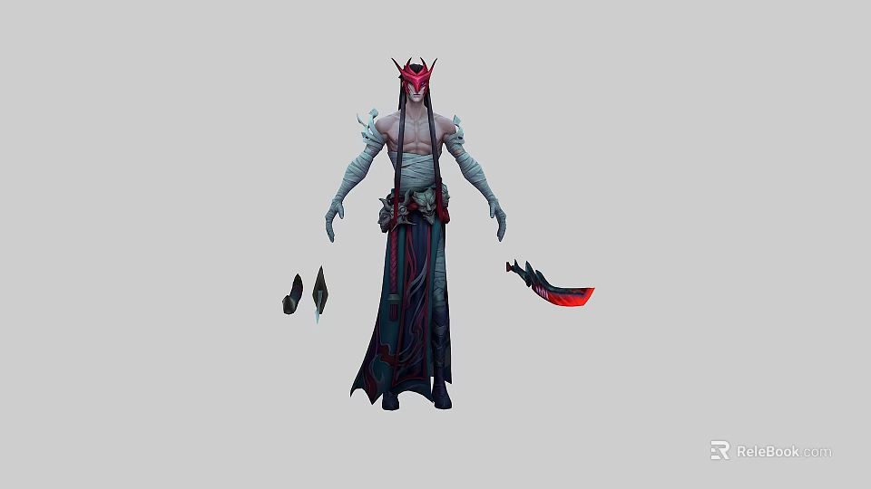 Game Movie Character With Red Horns White Upper Body Dark Robe And Red Blade Weapon 3d model 